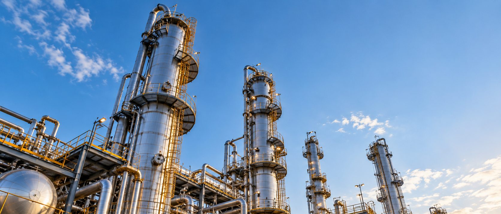 Silver refinery distillation columns with ladders and platforms against a blue sky