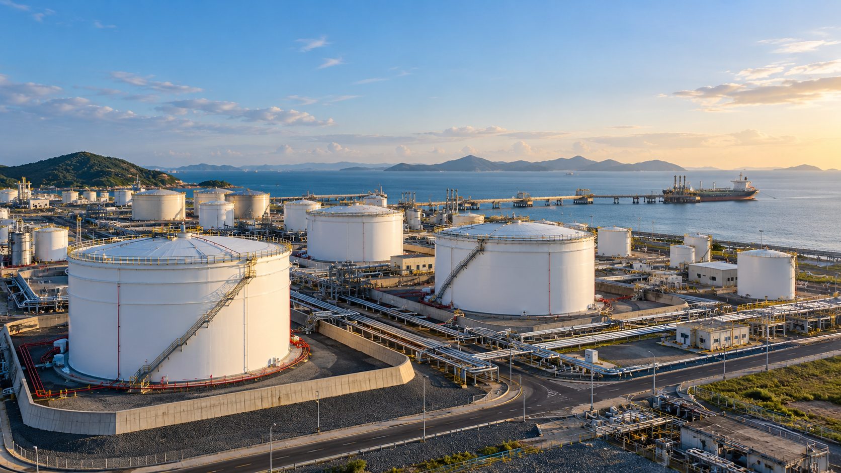 White cylindrical storage tanks at a coastal terminal in daylight, with a jetty beyond