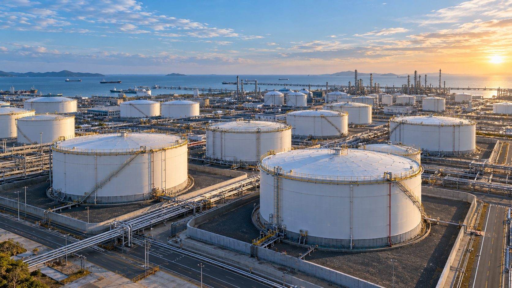 High aerial view over an orderly tank farm with roads and containment walls