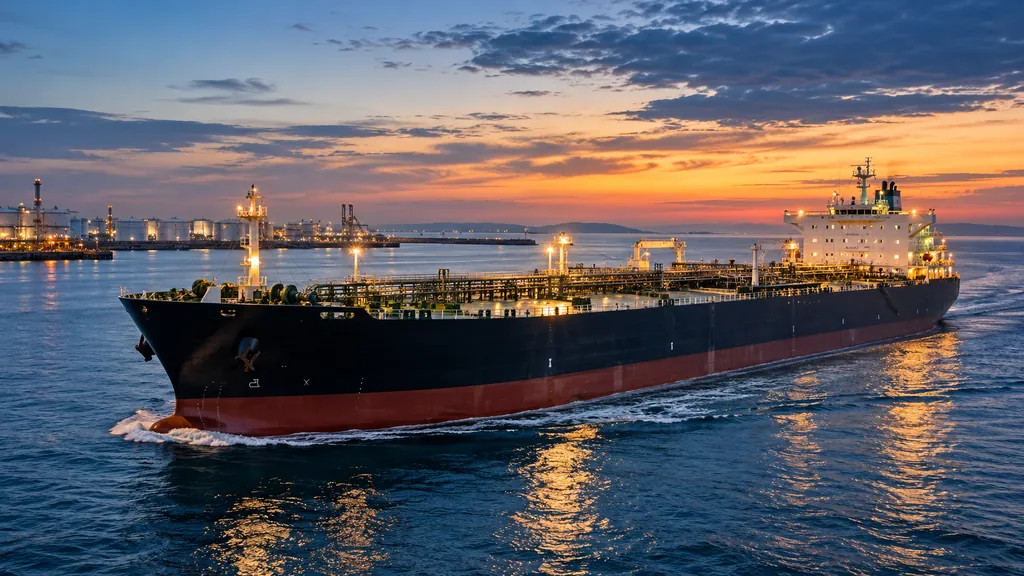 An oil tanker leaving harbor at dusk, lights reflected on the water